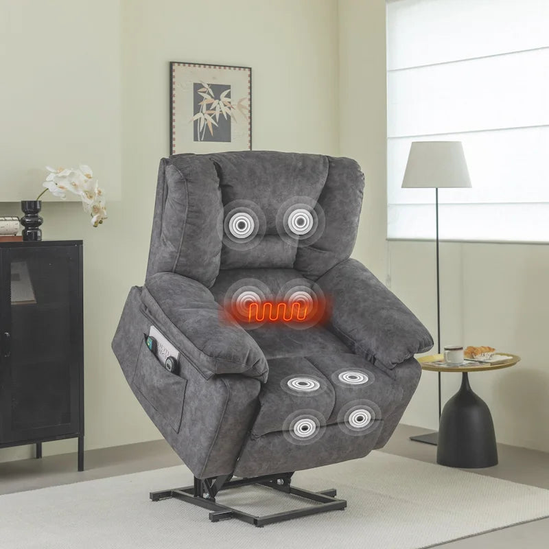 Fauteuil inclinable électrique surdimensionné en velours avec massage, chauffage, poches
