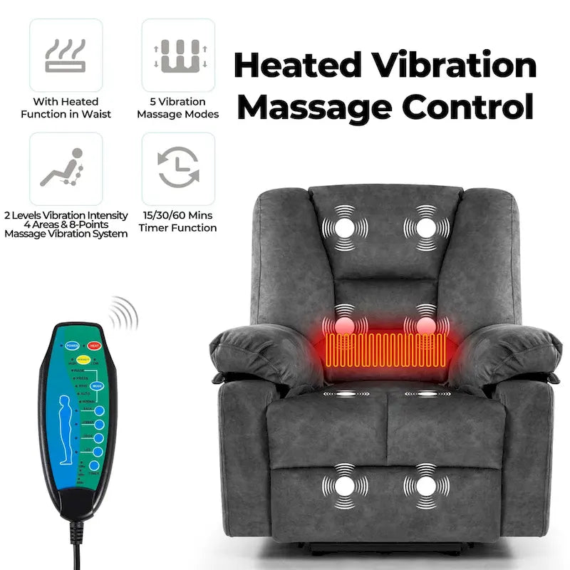 Fauteuil inclinable électrique surdimensionné en velours avec massage, chauffage, poches