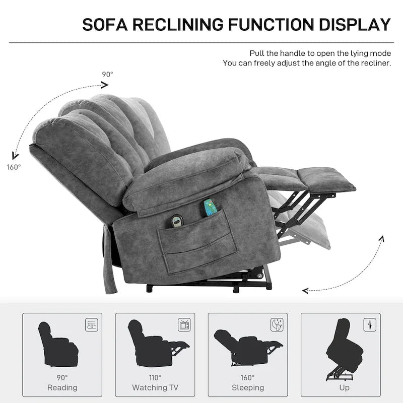 Fauteuil inclinable électrique surdimensionné en velours avec massage, chauffage, poches