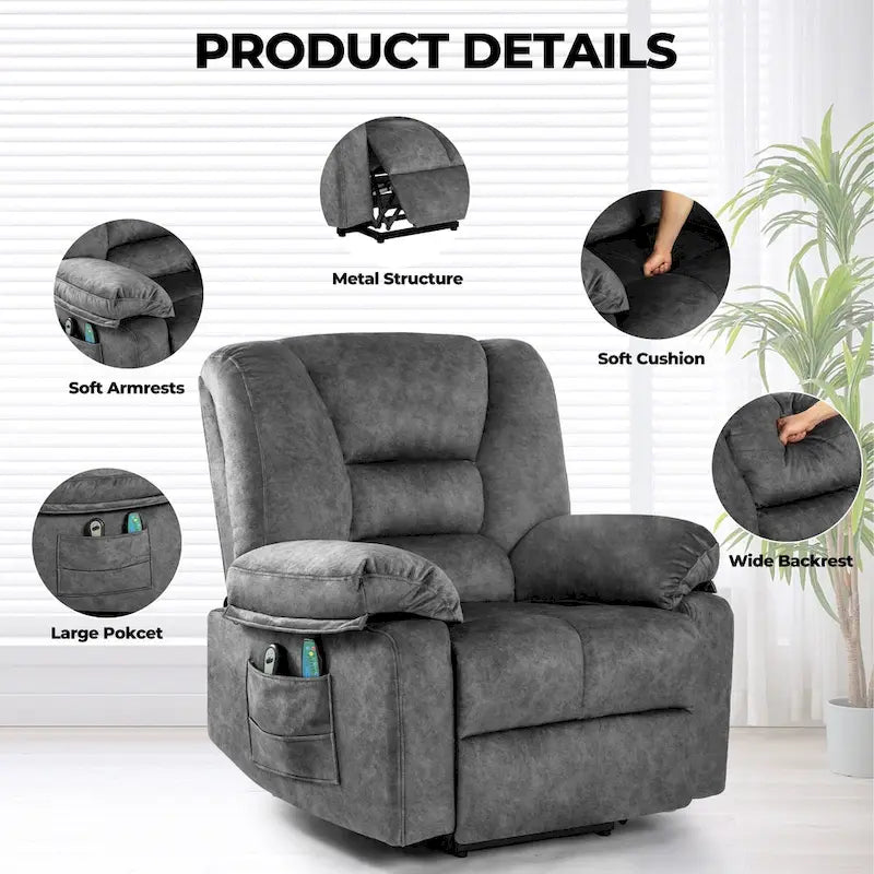 Fauteuil inclinable électrique surdimensionné en velours avec massage, chauffage, poches