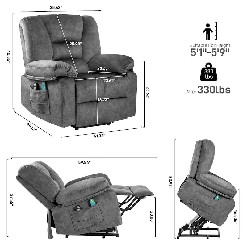 Fauteuil inclinable électrique surdimensionné en velours avec massage, chauffage, poches