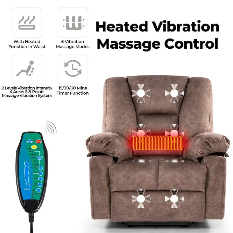 Fauteuil inclinable électrique surdimensionné en velours avec massage, chauffage, poches