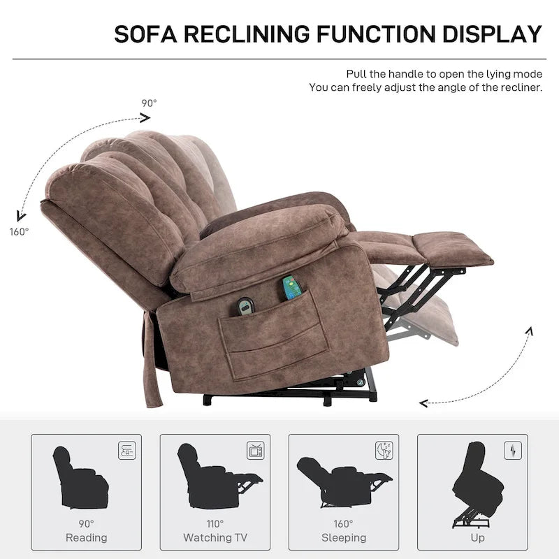 Fauteuil inclinable électrique surdimensionné en velours avec massage, chauffage, poches