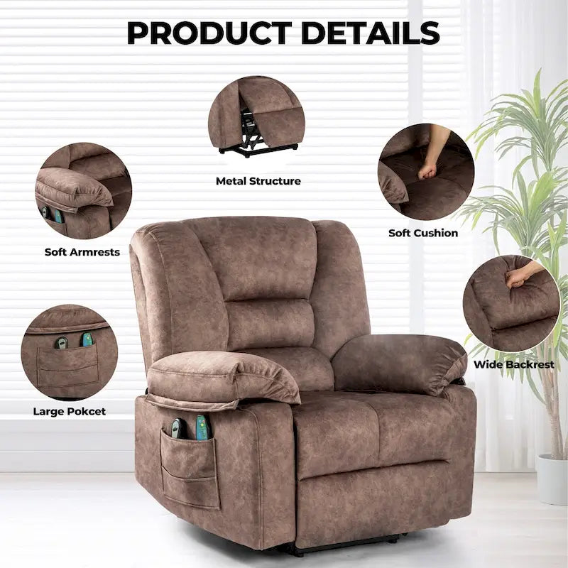 Fauteuil inclinable électrique surdimensionné en velours avec massage, chauffage, poches