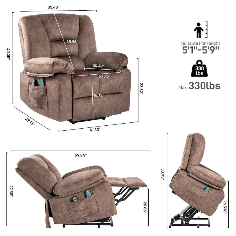 Fauteuil inclinable électrique surdimensionné en velours avec massage, chauffage, poches