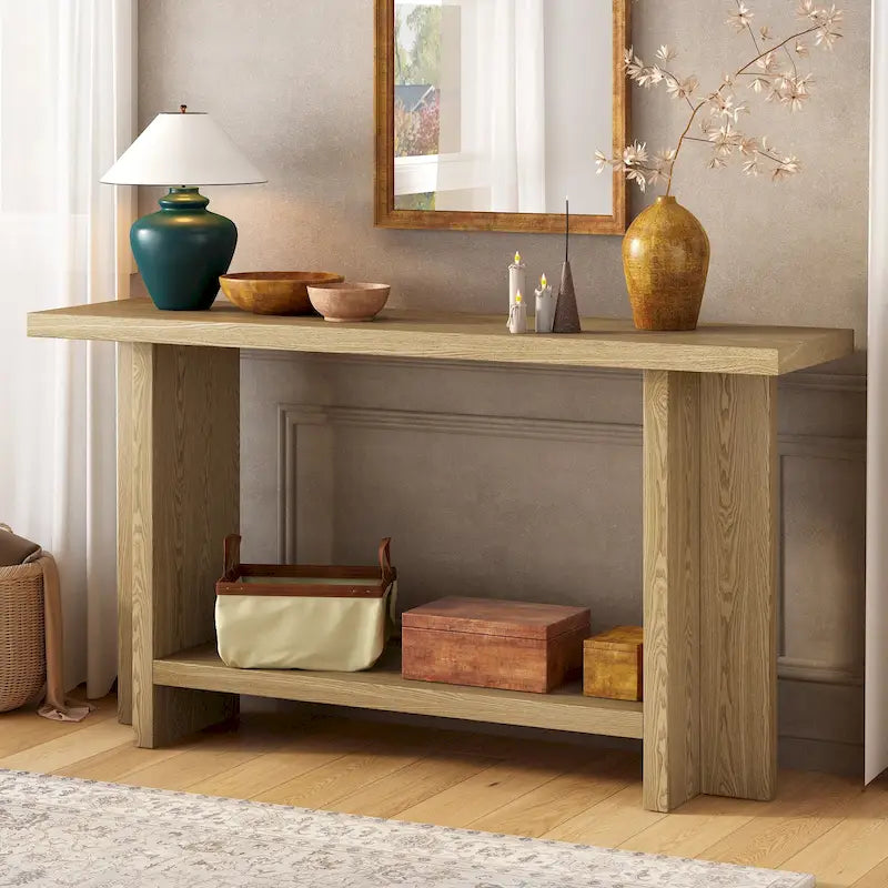 Console d'inspiration vintage, placage en bois de frêne avec pieds en T pour bureau, entrée, couloir, salon
