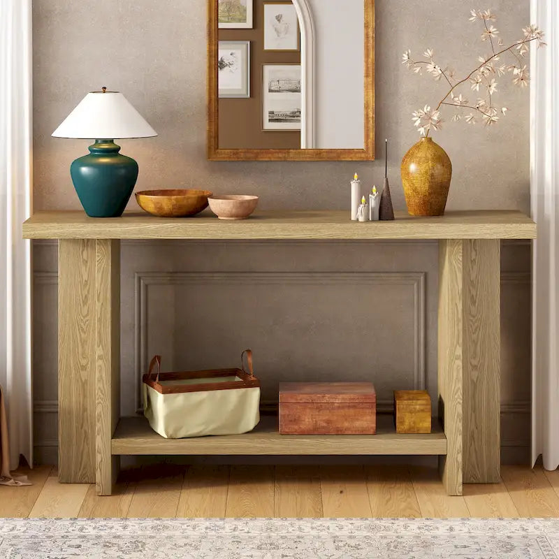 Console d'inspiration vintage, placage en bois de frêne avec pieds en T pour bureau, entrée, couloir, salon