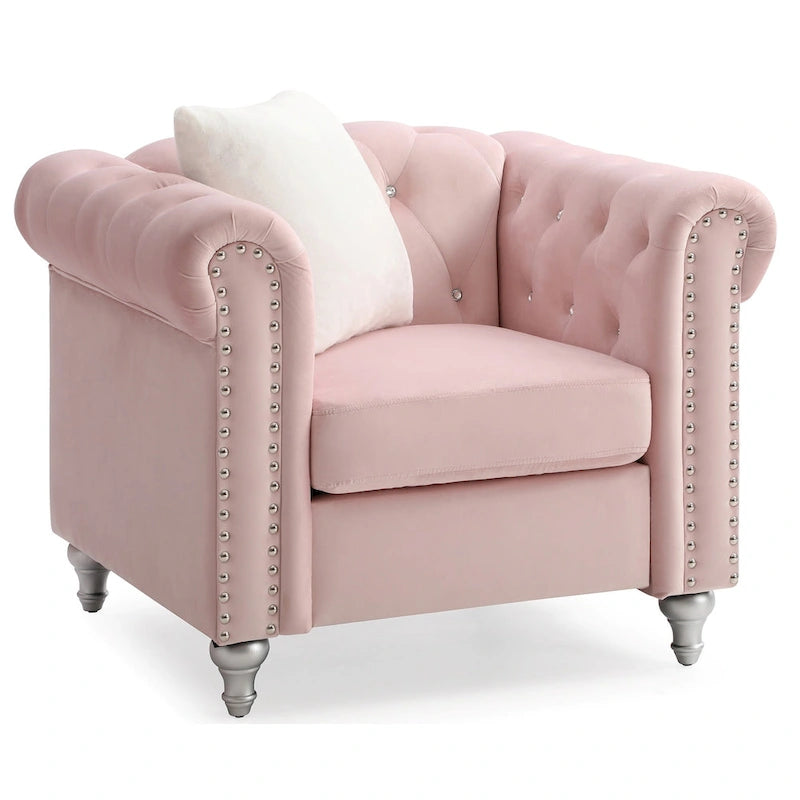 Fauteuil d'appoint en velours touffeté uni avec coussin décoratif - 38 - Rose