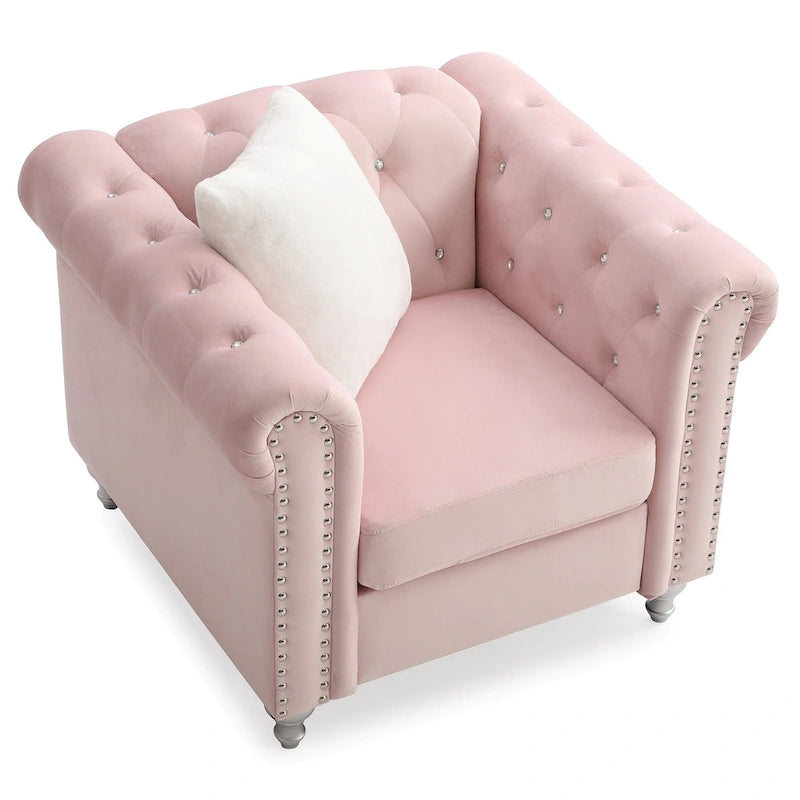 Fauteuil d'appoint en velours touffeté uni avec coussin décoratif - 38 - Rose