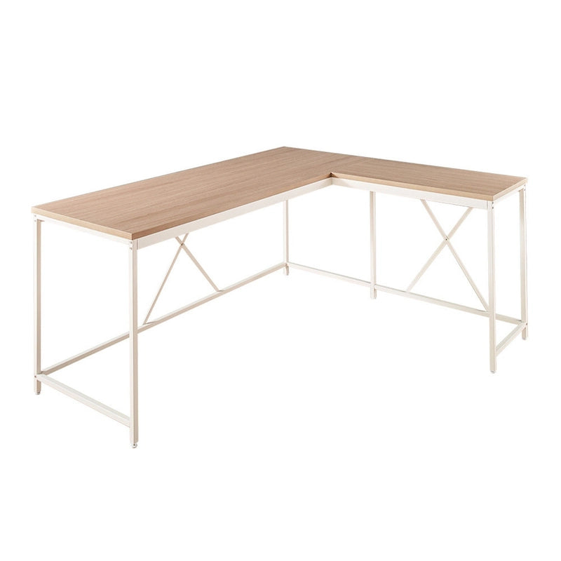 Bureau d'angle, en L, cadre métallique blanc, croisillons en X, plateau en bois couleur chêne brun