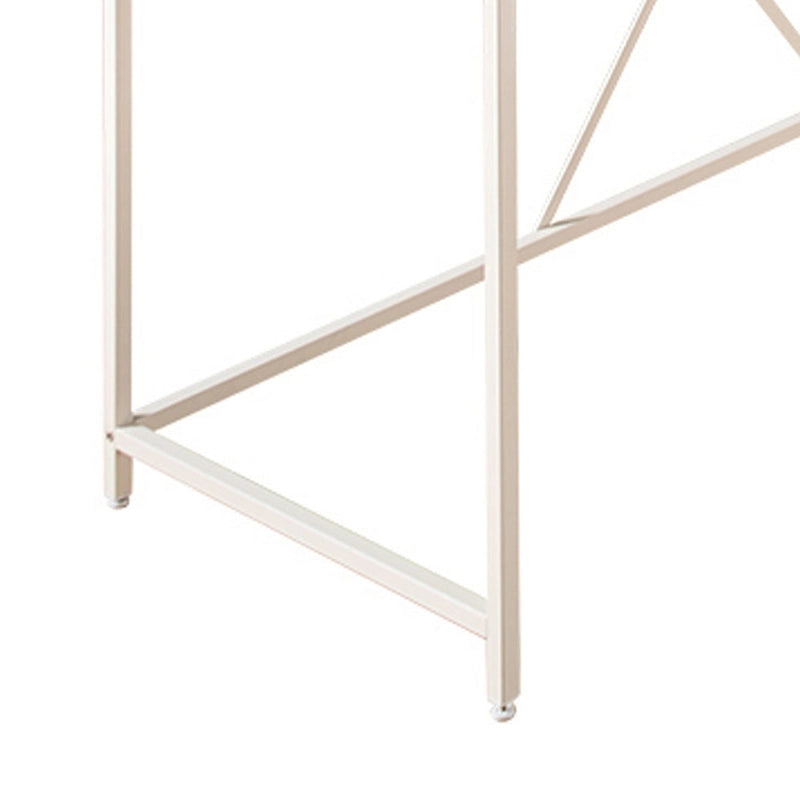 Bureau d'angle, en L, cadre métallique blanc, croisillons en X, plateau en bois couleur chêne brun