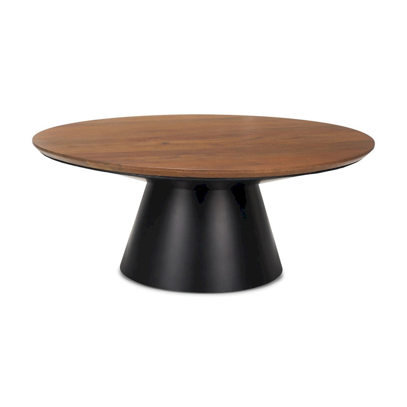 Table basse ronde sur pied en bois massif et fer marron et noir 40 po x 16,5 po x 40 po