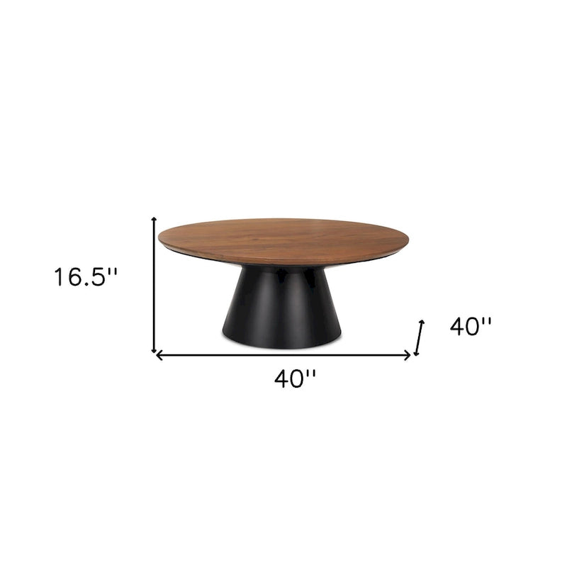 Table basse ronde sur pied en bois massif et fer marron et noir 40 po x 16,5 po x 40 po