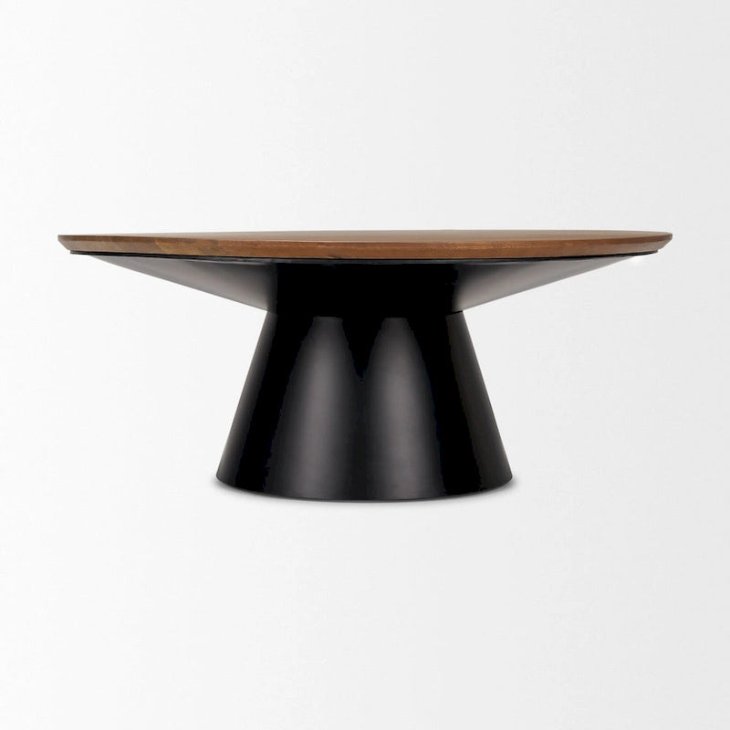 Table basse ronde sur pied en bois massif et fer marron et noir 40 po x 16,5 po x 40 po