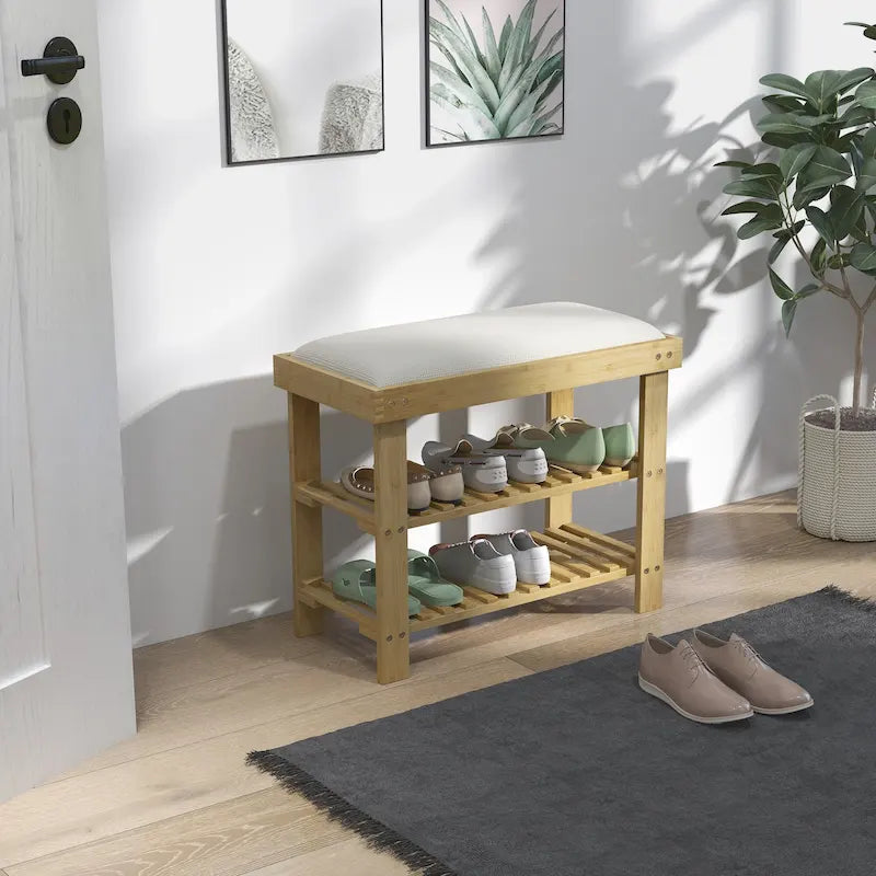 Banc à chaussures en bambou, banc d'entrée à 3 niveaux avec rangement et coussin, organisateur de chaussures pour entrée, couloir