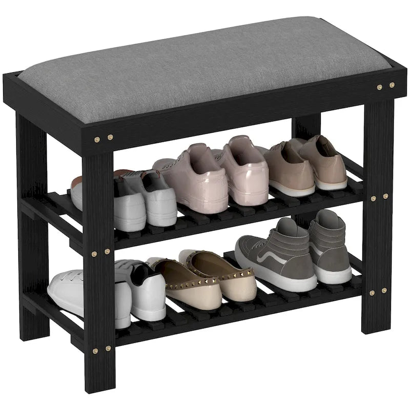 Banc à chaussures en bambou, banc d'entrée à 3 niveaux avec rangement et coussin, organisateur de chaussures pour entrée, couloir