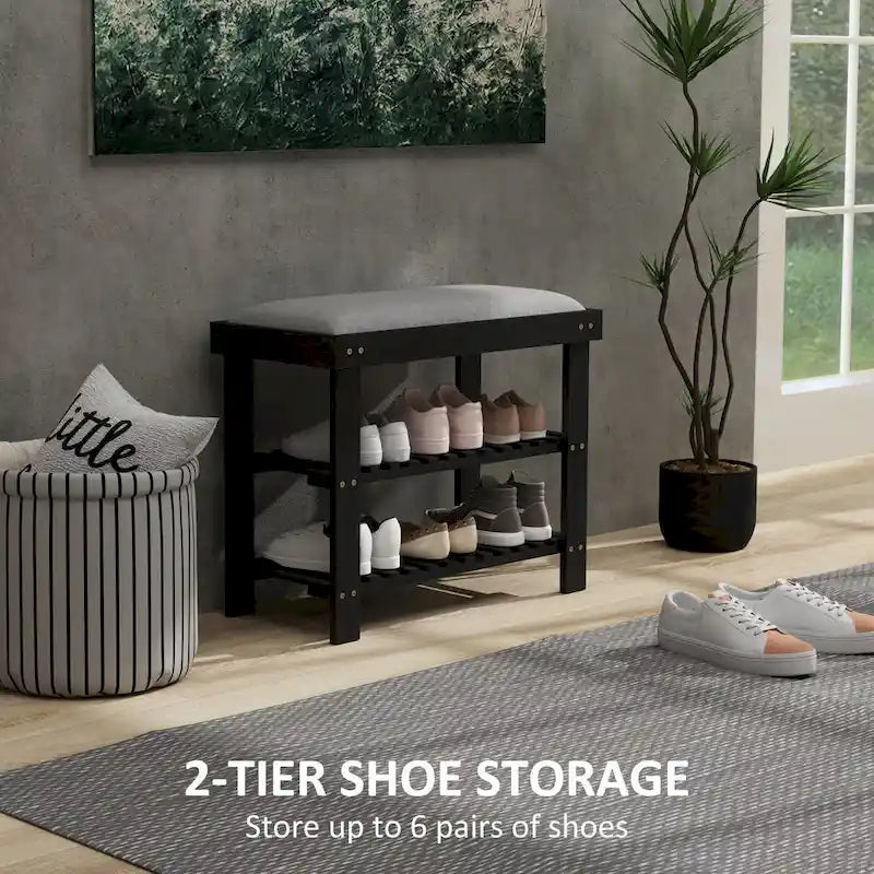 Banc à chaussures en bambou, banc d'entrée à 3 niveaux avec rangement et coussin, organisateur de chaussures pour entrée, couloir