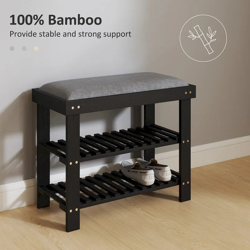 Banc à chaussures en bambou, banc d'entrée à 3 niveaux avec rangement et coussin, organisateur de chaussures pour entrée, couloir