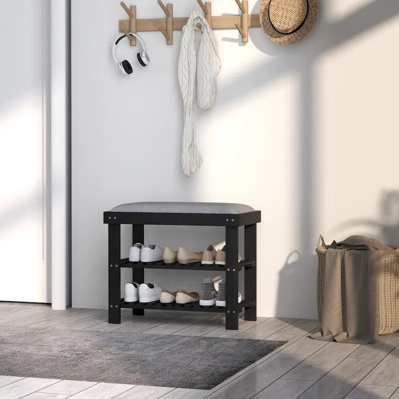 Banc à chaussures en bambou, banc d'entrée à 3 niveaux avec rangement et coussin, organisateur de chaussures pour entrée, couloir