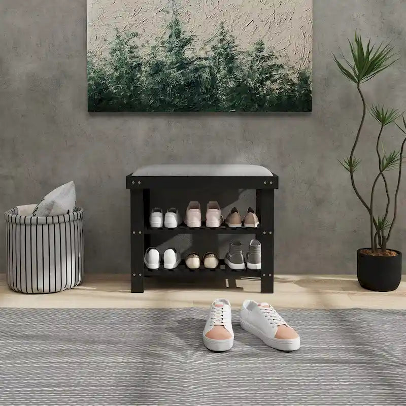 Banc à chaussures en bambou, banc d'entrée à 3 niveaux avec rangement et coussin, organisateur de chaussures pour entrée, couloir