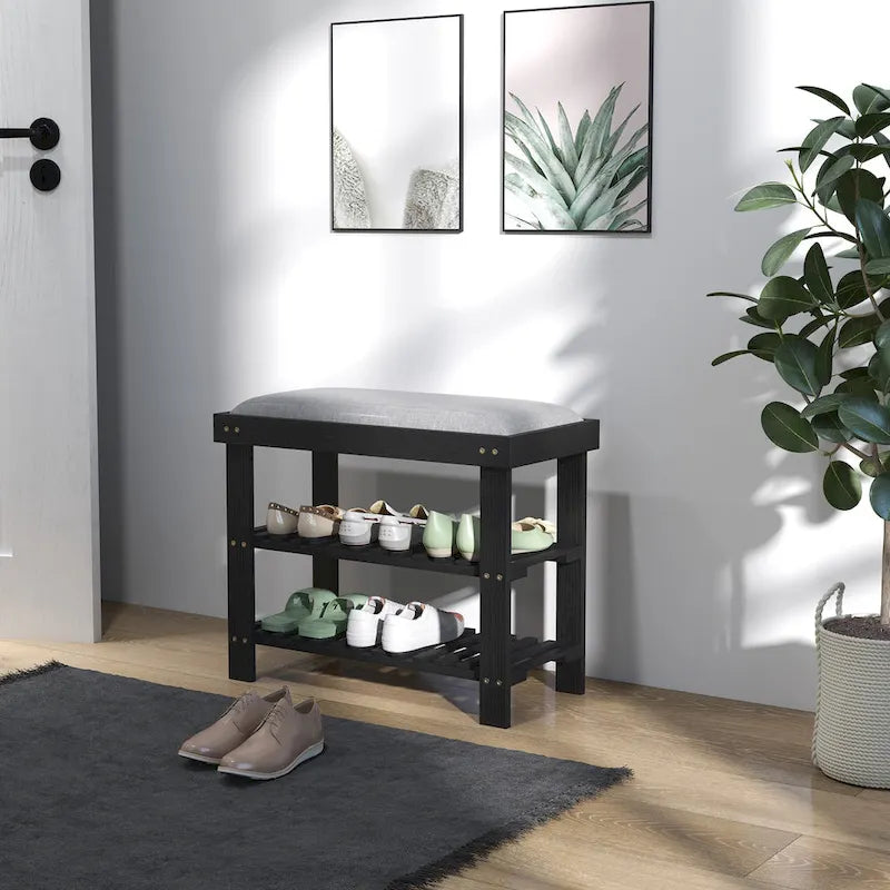Banc à chaussures en bambou, banc d'entrée à 3 niveaux avec rangement et coussin, organisateur de chaussures pour entrée, couloir