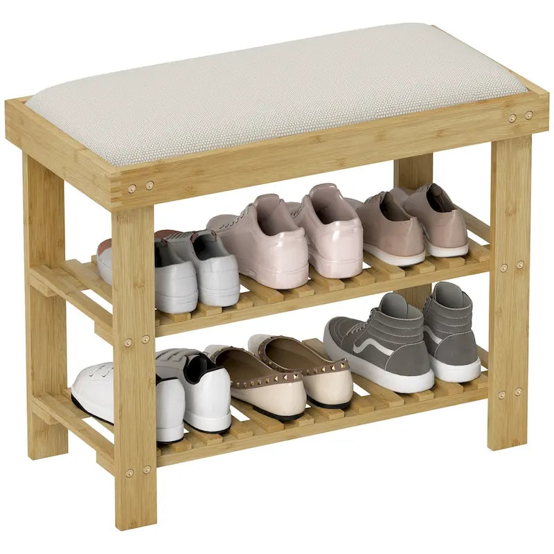 Banc à chaussures en bambou, banc d'entrée à 3 niveaux avec rangement et coussin, organisateur de chaussures pour entrée, couloir