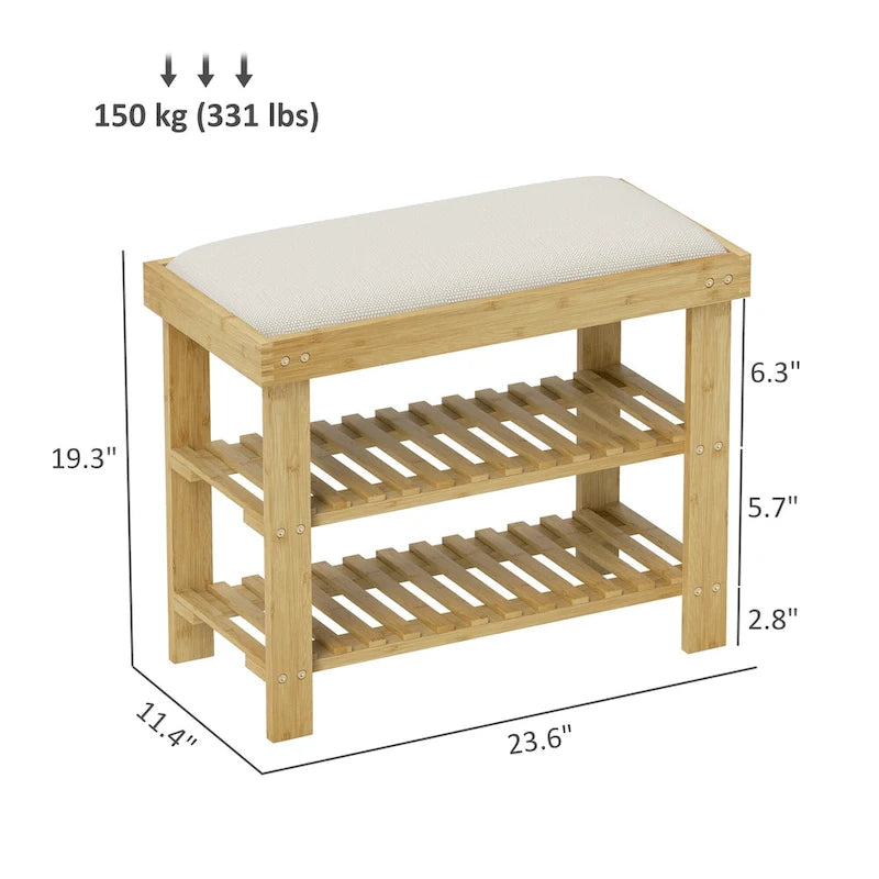 Banc à chaussures en bambou, banc d'entrée à 3 niveaux avec rangement et coussin, organisateur de chaussures pour entrée, couloir