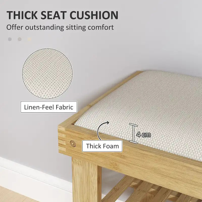 Banc à chaussures en bambou, banc d'entrée à 3 niveaux avec rangement et coussin, organisateur de chaussures pour entrée, couloir