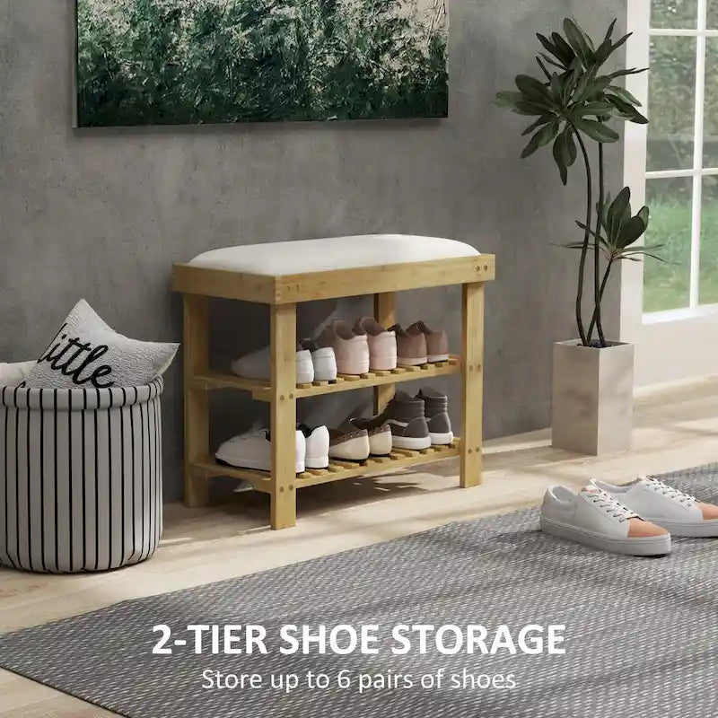 Banc à chaussures en bambou, banc d'entrée à 3 niveaux avec rangement et coussin, organisateur de chaussures pour entrée, couloir