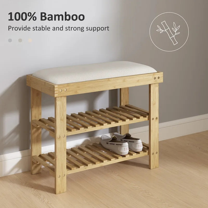 Banc à chaussures en bambou, banc d'entrée à 3 niveaux avec rangement et coussin, organisateur de chaussures pour entrée, couloir