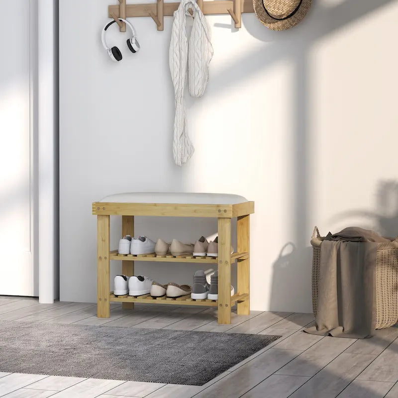 Banc à chaussures en bambou, banc d'entrée à 3 niveaux avec rangement et coussin, organisateur de chaussures pour entrée, couloir