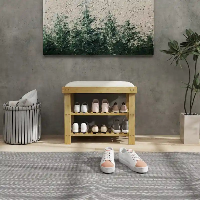Banc à chaussures en bambou, banc d'entrée à 3 niveaux avec rangement et coussin, organisateur de chaussures pour entrée, couloir