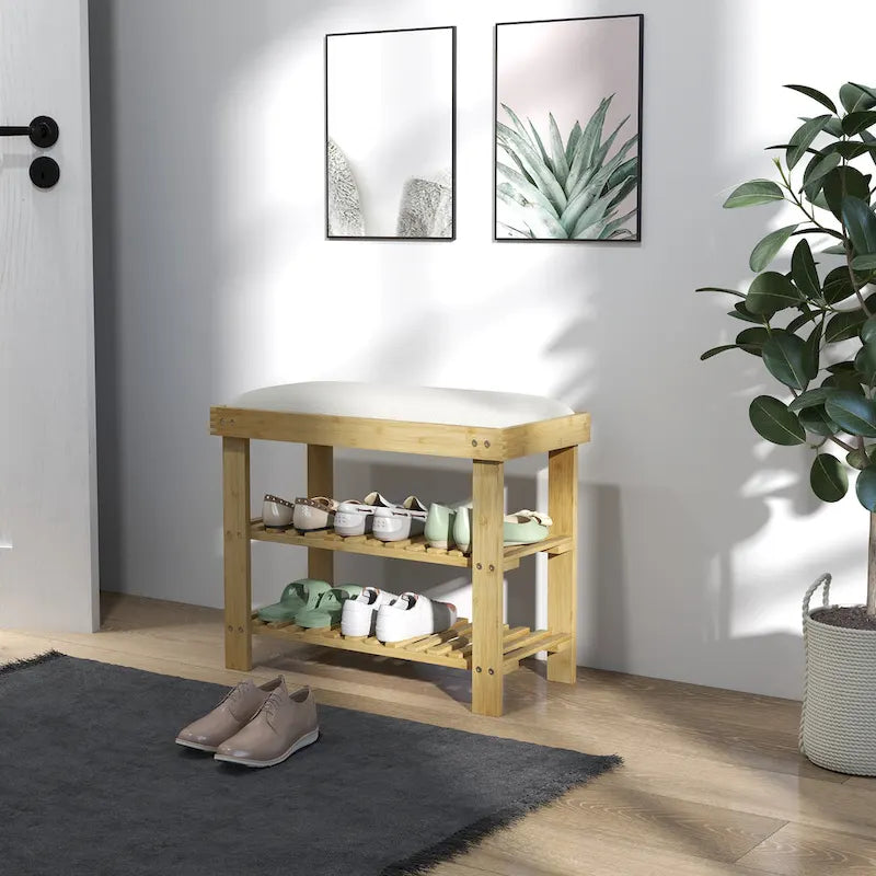 Banc à chaussures en bambou, banc d'entrée à 3 niveaux avec rangement et coussin, organisateur de chaussures pour entrée, couloir