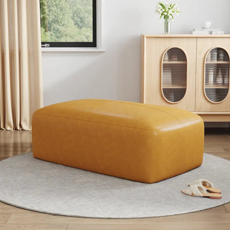 Pouf en cuir véritable, banc capitonné de 109 cm pour salon et chambre à coucher
