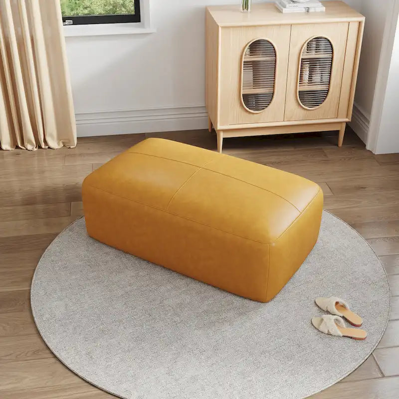 Pouf en cuir véritable, banc capitonné de 109 cm pour salon et chambre à coucher