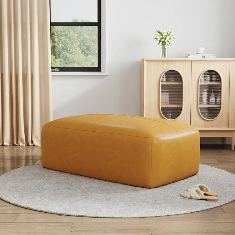 Pouf en cuir véritable, banc capitonné de 109 cm pour salon et chambre à coucher