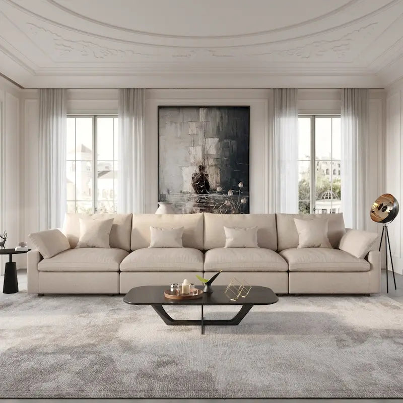 Grand canapé modulaire avec oreillers, canapé profond minimaliste en tissu mélangé de lin pour salon, kaki