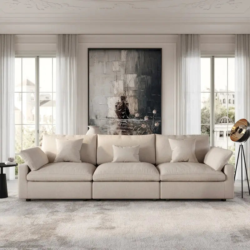 Grand canapé modulaire avec oreillers, canapé profond minimaliste en tissu mélangé de lin pour salon, kaki