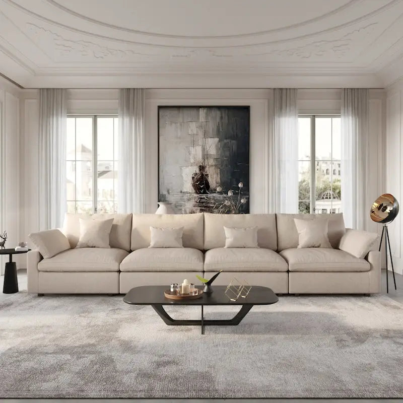 Grand canapé modulaire avec oreillers, canapé profond minimaliste en tissu mélangé de lin pour salon, kaki