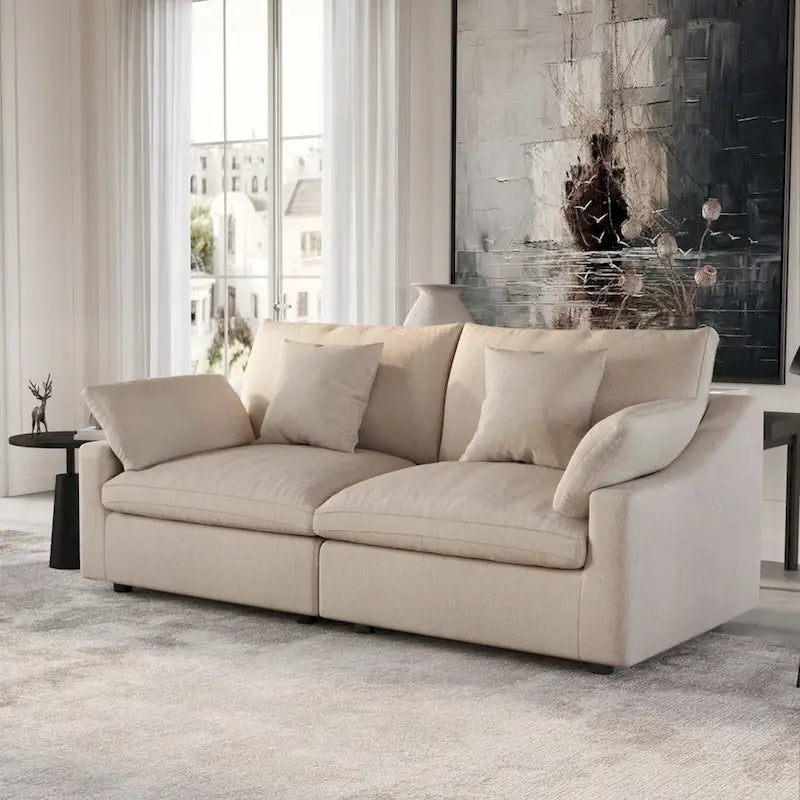 Grand canapé modulaire avec oreillers, canapé profond minimaliste en tissu mélangé de lin pour salon, kaki
