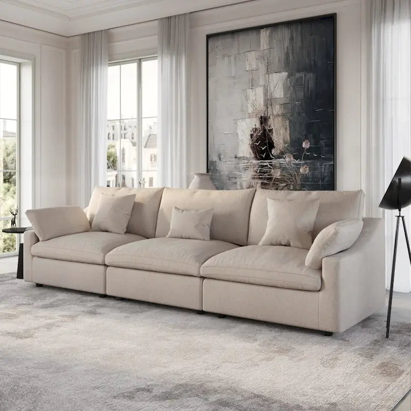 Grand canapé modulaire avec oreillers, canapé profond minimaliste en tissu mélangé de lin pour salon, kaki