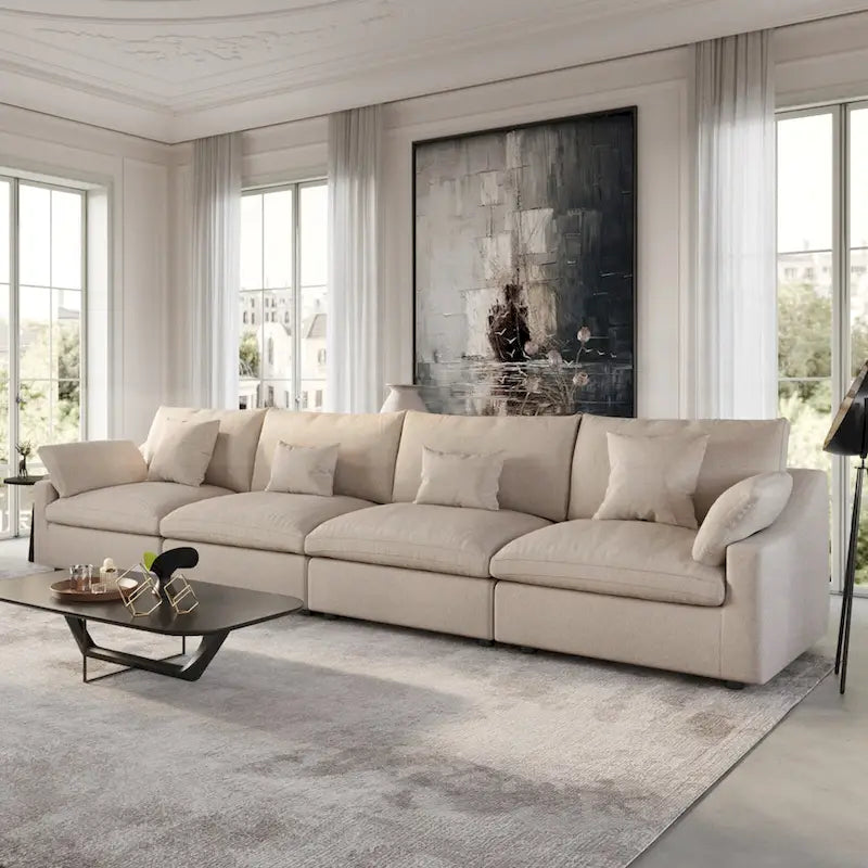 Grand canapé modulaire avec oreillers, canapé profond minimaliste en tissu mélangé de lin pour salon, kaki