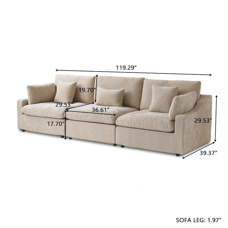 Grand canapé modulaire avec oreillers, canapé profond minimaliste en tissu mélangé de lin pour salon, kaki