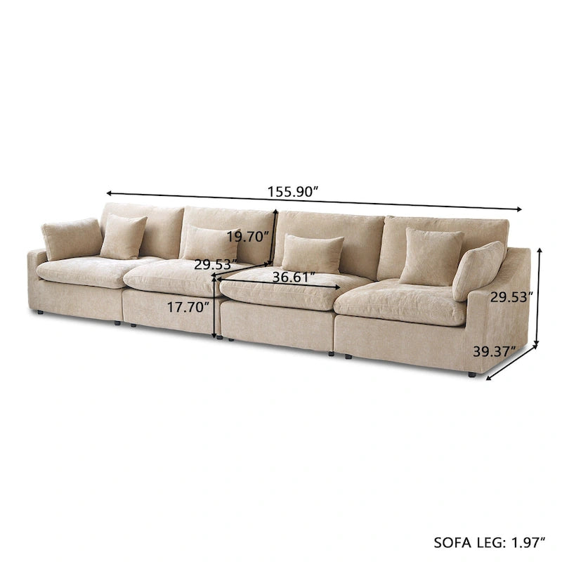 Grand canapé modulaire avec oreillers, canapé profond minimaliste en tissu mélangé de lin pour salon, kaki