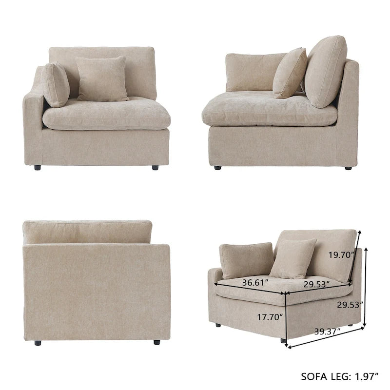 Grand canapé modulaire avec oreillers, canapé profond minimaliste en tissu mélangé de lin pour salon, kaki