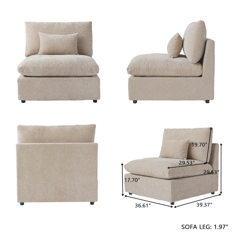 Grand canapé modulaire avec oreillers, canapé profond minimaliste en tissu mélangé de lin pour salon, kaki