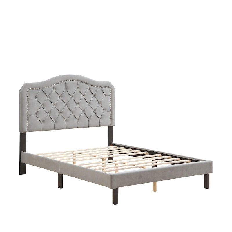 Lit capitonné Queen Size avec support à lattes en bois robuste