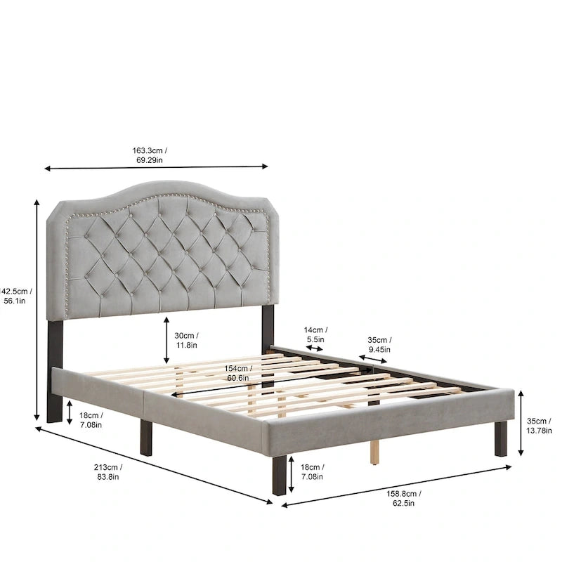 Lit capitonné Queen Size avec support à lattes en bois robuste