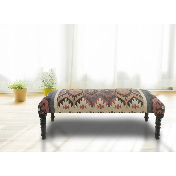 Banc vieilli d'inspiration sud-ouest en mélange de jute et de laine, couleurs beige-brun, rouille et noir - 47 x 18 x 16