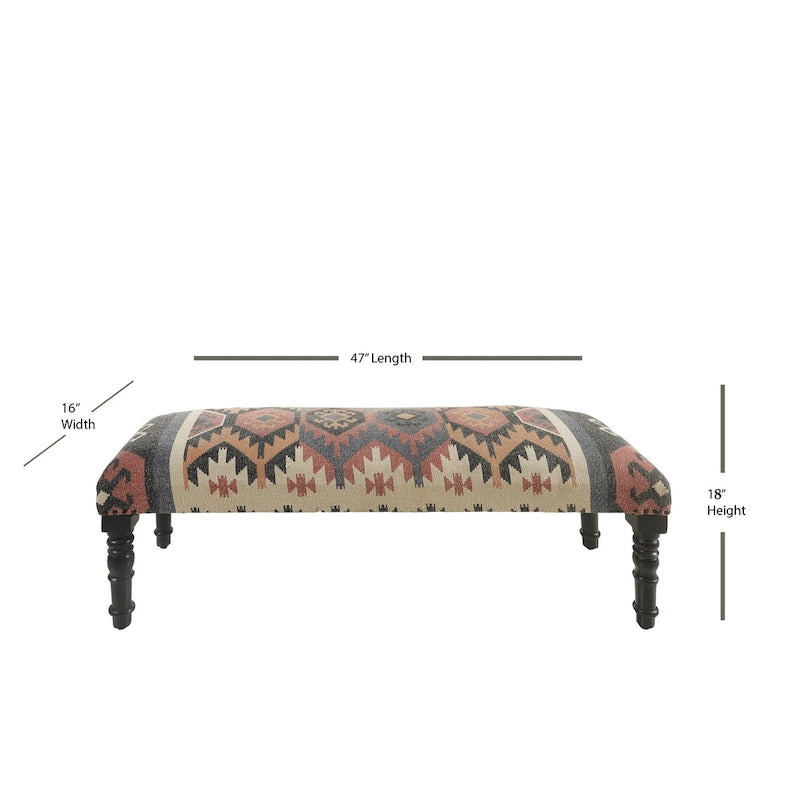 Banc vieilli d'inspiration sud-ouest en mélange de jute et de laine, couleurs beige-brun, rouille et noir - 47 x 18 x 16